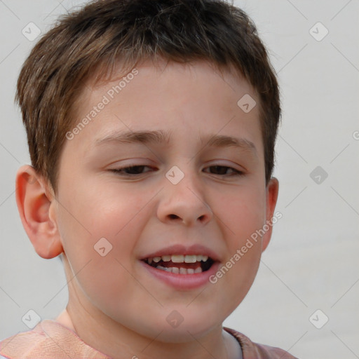 Joyful white child male with short  brown hair and brown eyes