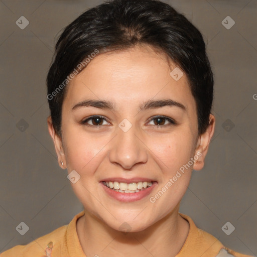 Joyful white young-adult female with short  brown hair and brown eyes