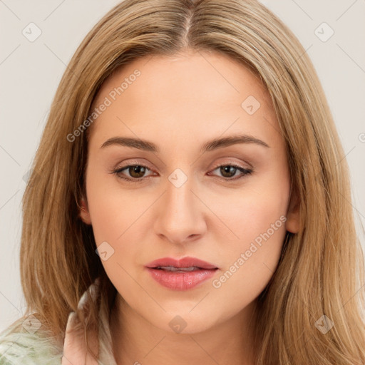 Neutral white young-adult female with long  brown hair and brown eyes