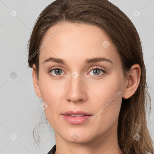 Neutral white young-adult female with long  brown hair and grey eyes