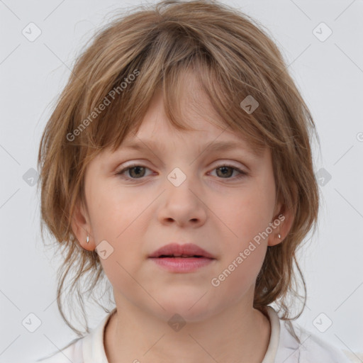 Neutral white child female with medium  brown hair and blue eyes