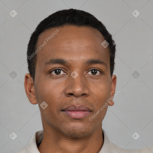 Neutral black young-adult male with short  black hair and brown eyes