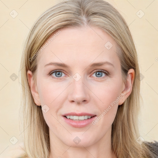 Joyful white young-adult female with long  brown hair and blue eyes