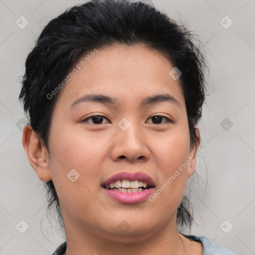 Joyful asian young-adult female with short  black hair and brown eyes