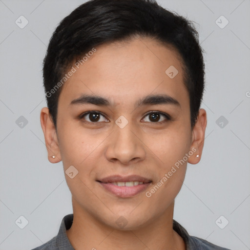 Joyful latino young-adult male with short  brown hair and brown eyes