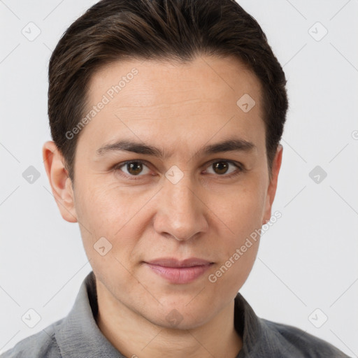 Joyful white young-adult male with short  brown hair and brown eyes