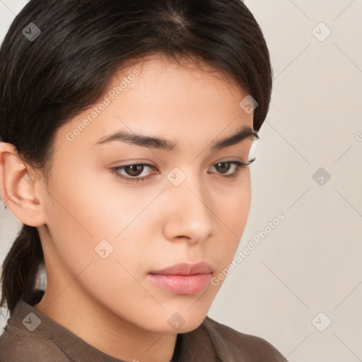 Neutral white young-adult female with medium  brown hair and brown eyes