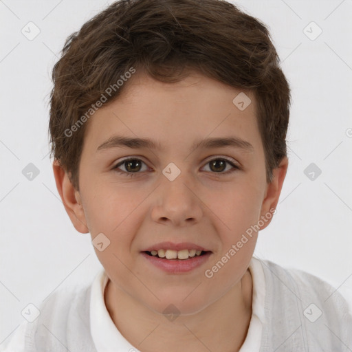 Joyful white child male with short  brown hair and brown eyes