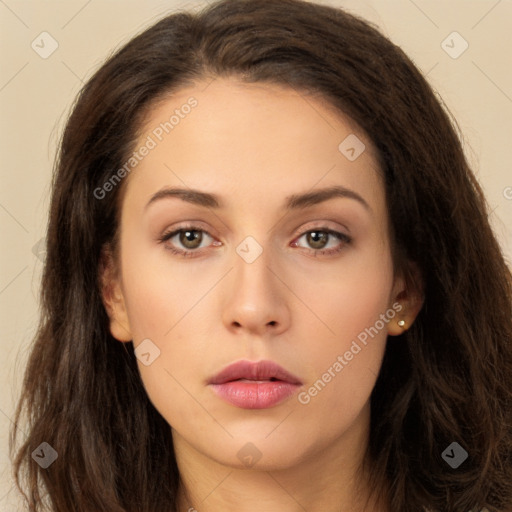 Neutral white young-adult female with long  brown hair and brown eyes