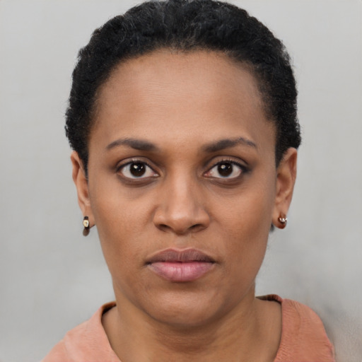 Joyful latino young-adult female with short  black hair and brown eyes