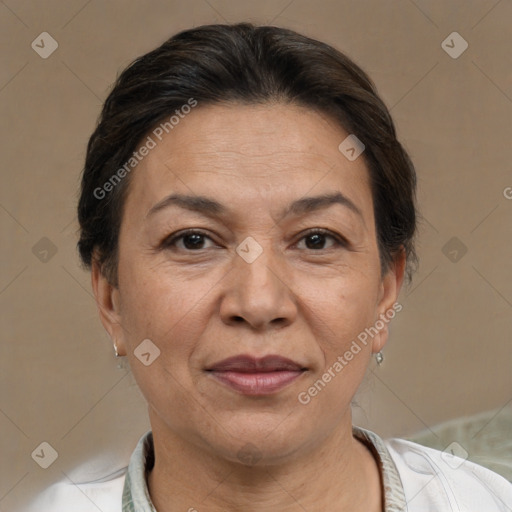 Joyful white adult female with short  brown hair and brown eyes