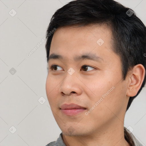 Neutral asian young-adult male with short  black hair and brown eyes