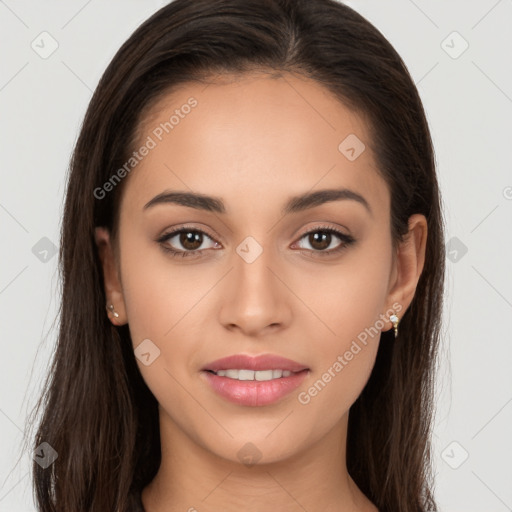 Joyful white young-adult female with long  brown hair and brown eyes