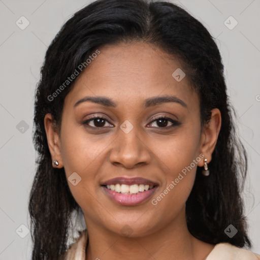 Joyful latino young-adult female with long  brown hair and brown eyes