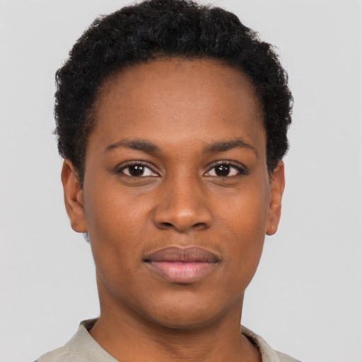 Neutral black young-adult female with short  brown hair and brown eyes