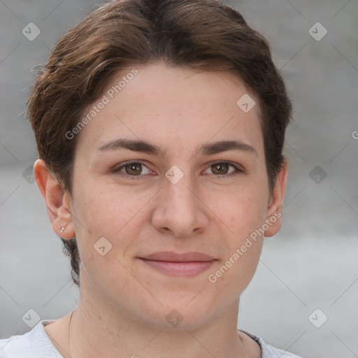 Joyful white young-adult female with short  brown hair and brown eyes