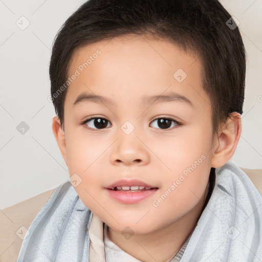 Joyful white child female with short  brown hair and brown eyes