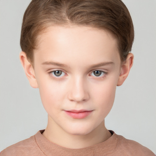 Neutral white child female with short  brown hair and grey eyes