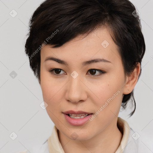 Joyful white young-adult female with medium  brown hair and brown eyes