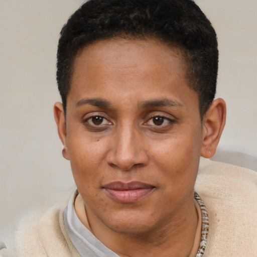 Joyful black young-adult female with short  black hair and brown eyes