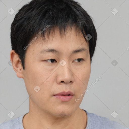 Neutral asian young-adult male with short  black hair and brown eyes