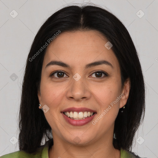 Joyful asian young-adult female with long  brown hair and brown eyes