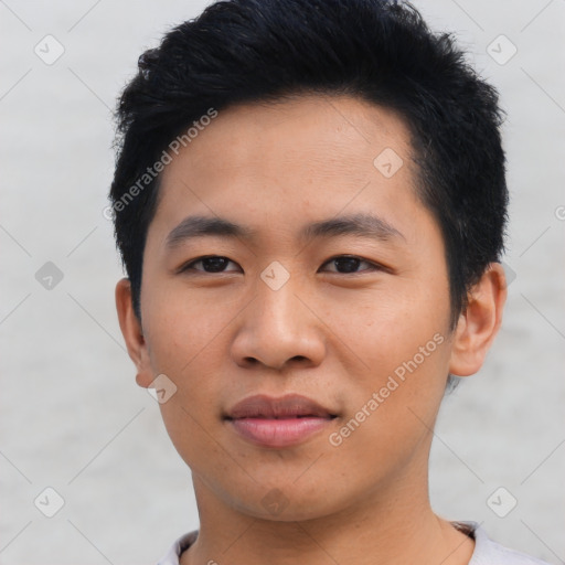 Neutral asian young-adult male with short  black hair and brown eyes