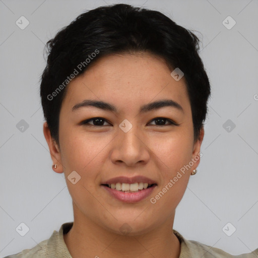 Joyful asian young-adult female with short  black hair and brown eyes