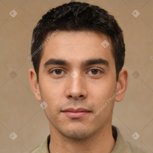 Neutral white young-adult male with short  black hair and brown eyes