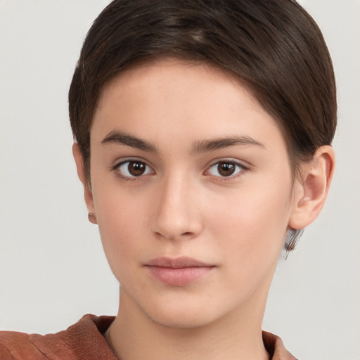 Neutral white young-adult female with short  brown hair and brown eyes