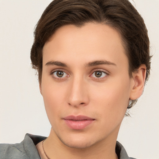 Neutral white young-adult female with short  brown hair and brown eyes