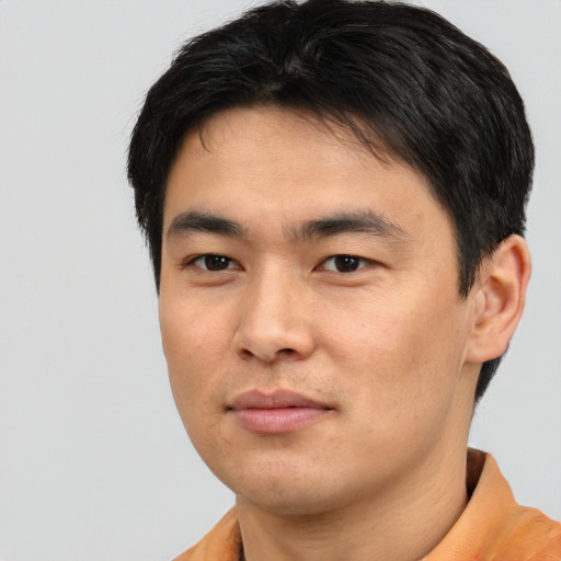 Neutral asian young-adult male with short  brown hair and brown eyes