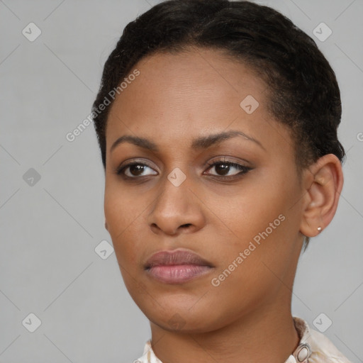 Neutral black young-adult female with short  brown hair and brown eyes