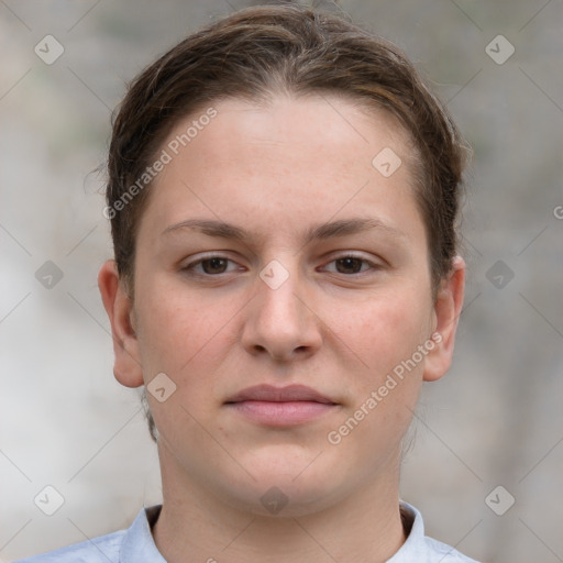 Neutral white young-adult female with short  brown hair and grey eyes