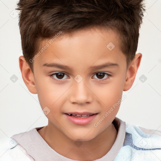 Joyful white child male with short  brown hair and brown eyes