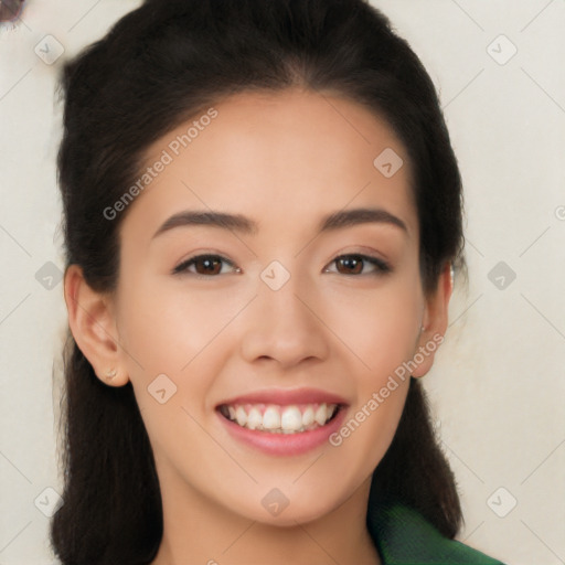 Joyful white young-adult female with long  black hair and brown eyes