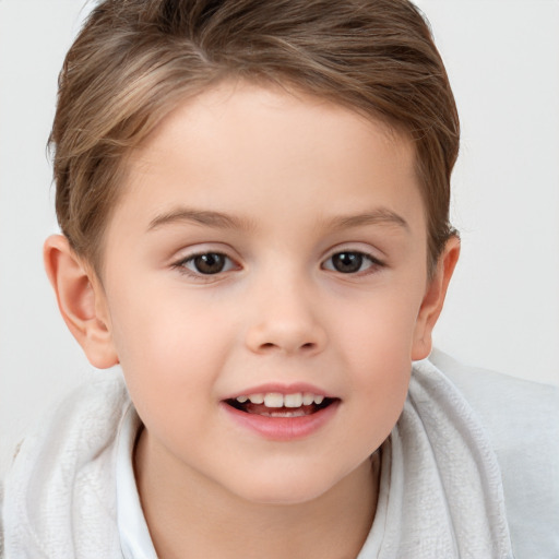 Joyful white child female with short  brown hair and brown eyes