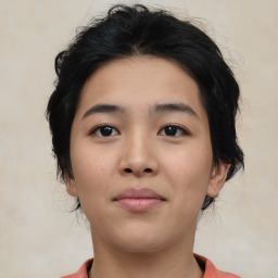 Neutral asian young-adult female with medium  brown hair and brown eyes