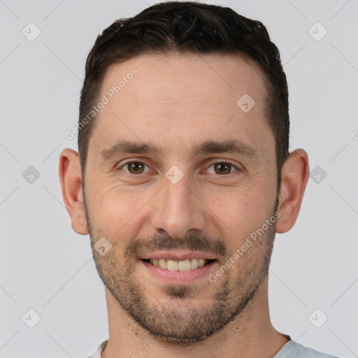 Joyful white young-adult male with short  brown hair and brown eyes