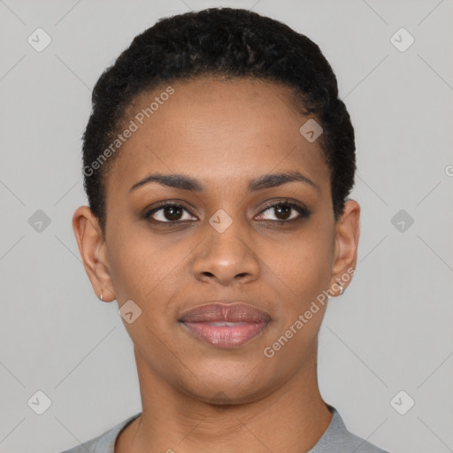 Neutral black young-adult female with short  black hair and brown eyes