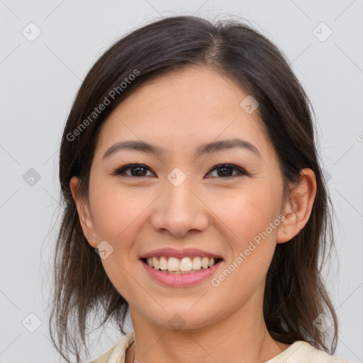 Joyful white young-adult female with medium  brown hair and brown eyes