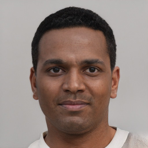 Neutral black young-adult male with short  black hair and brown eyes