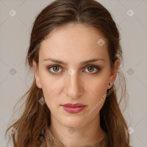 Neutral white young-adult female with long  brown hair and brown eyes