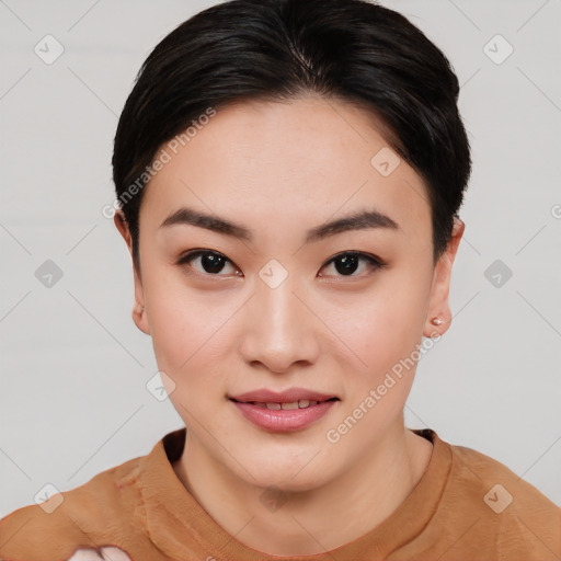 Joyful asian young-adult female with short  brown hair and brown eyes