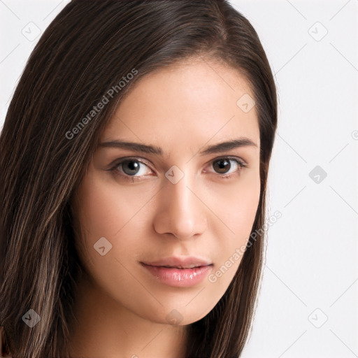 Neutral white young-adult female with long  brown hair and brown eyes