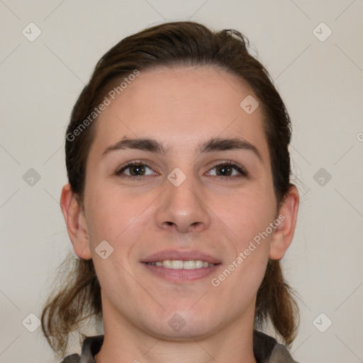 Joyful white young-adult female with medium  brown hair and grey eyes