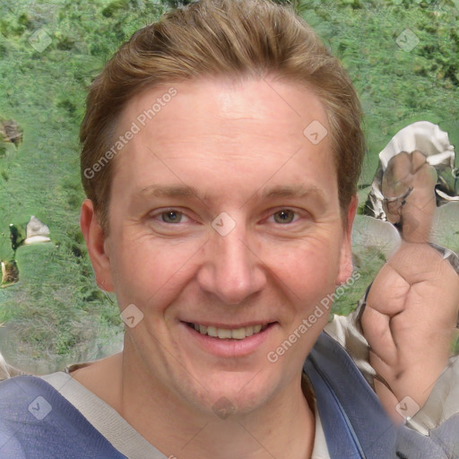 Joyful white adult female with medium  brown hair and blue eyes