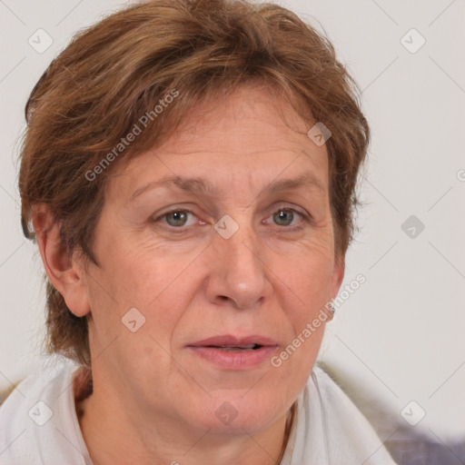 Joyful white adult female with short  brown hair and brown eyes