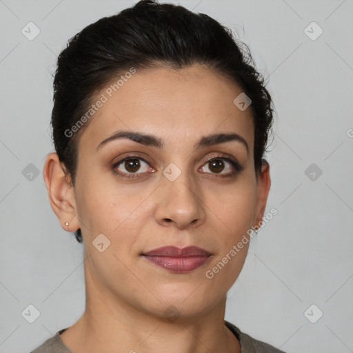 Joyful white young-adult female with short  brown hair and brown eyes