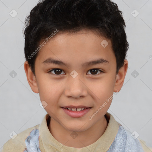 Joyful white child male with short  brown hair and brown eyes